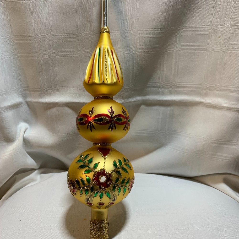 14" Glass Finial Gold with Red & Green Flowers & Gold Glitter in Box